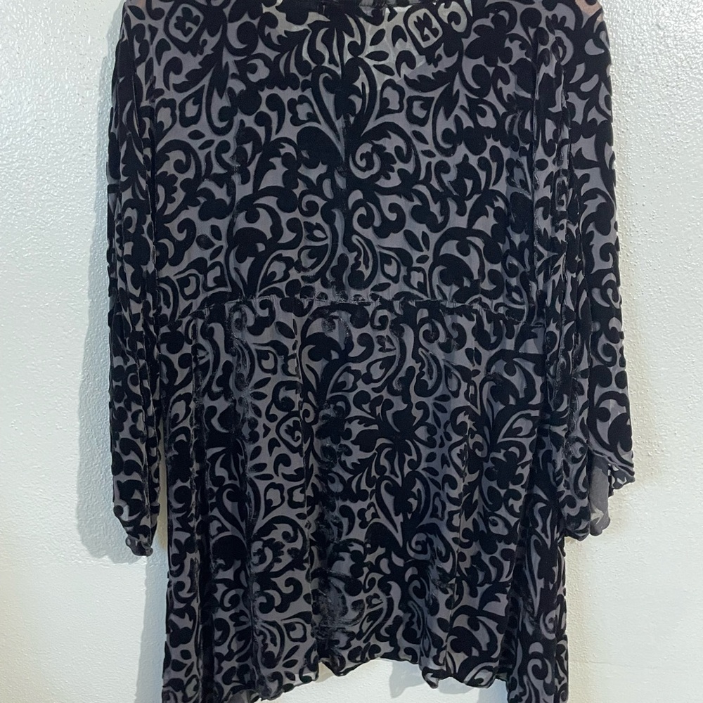 Velvet Burnout Sheer Blouse Black Handkerchief Hem Lagenlook S M Layer Cut Loose - Picture 3 of 5
